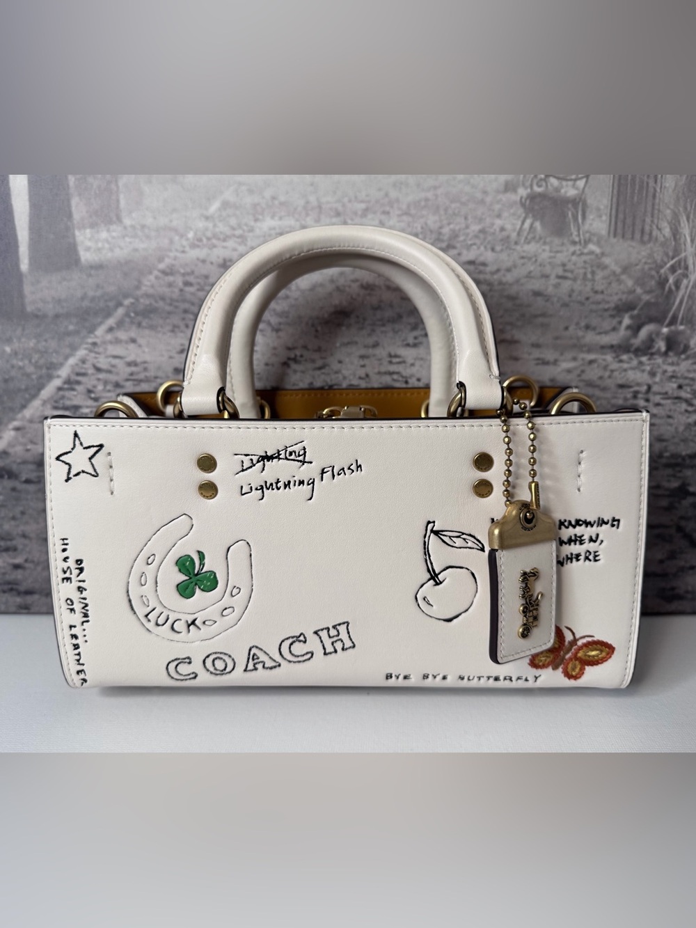 NWT Coach Rogue Bag 26 with Sketch Print Leather Chalk Brass CAN07